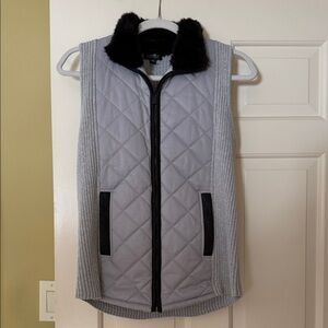 Jones New York Gray Quilted Vest with Black Faux Fur
